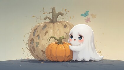 Cute ghost character hugging a pumpkin autumn halloween illustration