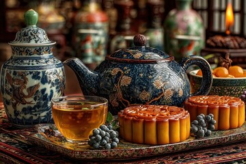 Still Life Photography of Golden Mooncakes on Traditional Porcelain Plate with Osmanthus and Teacups, Chinese Screen and Candlelight in Background, Perfect for Mid-Autumn Festival Advertising and Prod