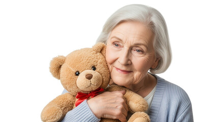 Elderly woman hugging a teddy bear, isolated on transparent background