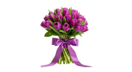 Bright purple tulip bouquet isolated on white background with satin ribbon
