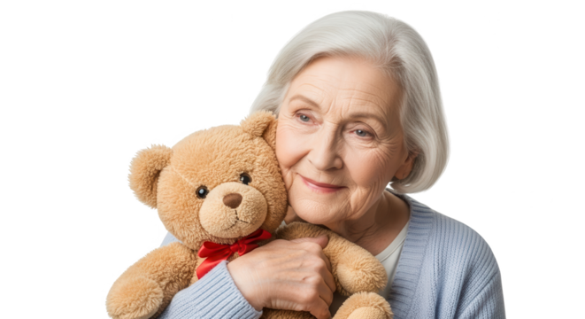 Elderly woman hugging a teddy bear, isolated on transparent background