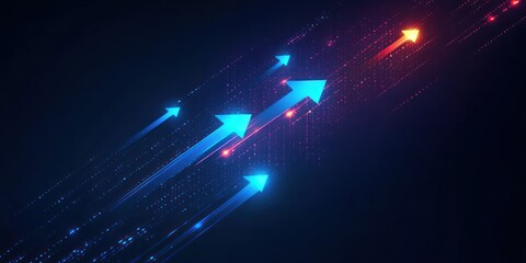 abstract digital arrows glowing in blue and orange moving diagonally upward on dark background symbolizing progress and growth