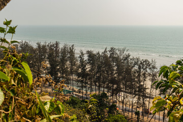 Magnificent Cox’s Bazar sea beach Bangladesh image showing coastal tree line with calm sea water and bright sunlight.
