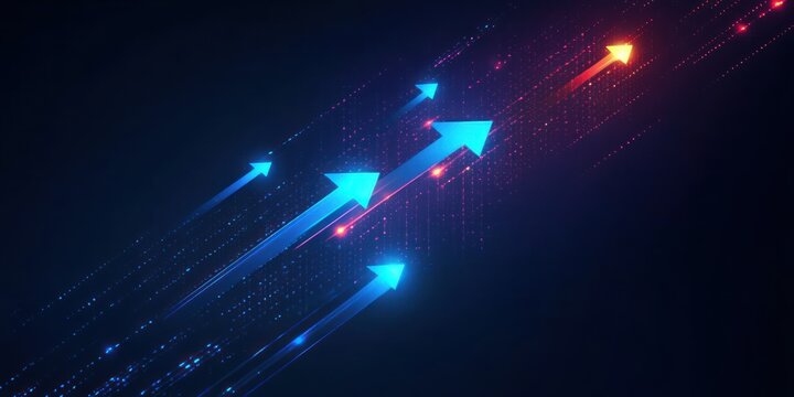 abstract digital arrows glowing in blue and orange moving diagonally upward on dark background symbolizing progress and growth