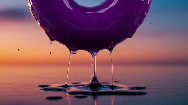 Purple donut with dripping glaze on water at sunset