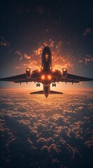 A commercial airplane is flying above the beautiful cloudscape