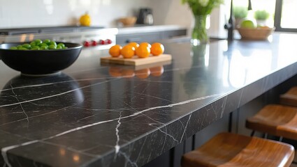 Modern Kitchen Island with Black Marble Countertop and Fresh Pro