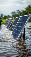 Solar panels are situated in a body of water on a sunny day