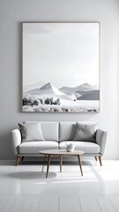 Modern minimalist art print of a snowy landscape displayed in a living room