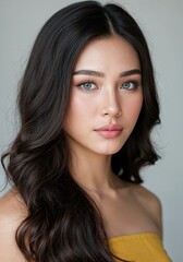 Fototapeta premium Serene Gaze: A captivating portrait of a woman with striking eyes and flowing dark hair, her gentle expression hints at a calm and confident nature.