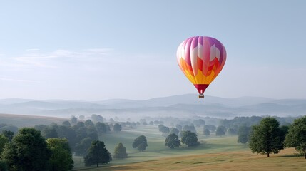 Obraz premium Colorful Hot Air Balloon Floating Over Serene Landscape with Green Trees and Misty Hills in the Background