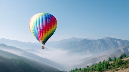Fototapeta premium Colorful hot air balloon soaring above misty mountains and lush green valleys in breathtaking landscape scenery