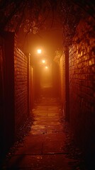 An illuminated and atmospheric nighttime alleyway with brick walls