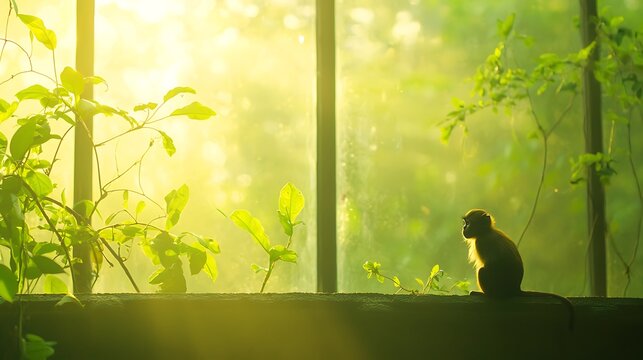 A lone monkey sits on a ledge bathed in warm morning sunlight, looking out a window