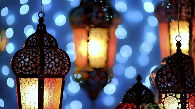 Beautiful Ramadan Lanterns Display with Bokeh Lights for Festive Celebrations, minimum 50