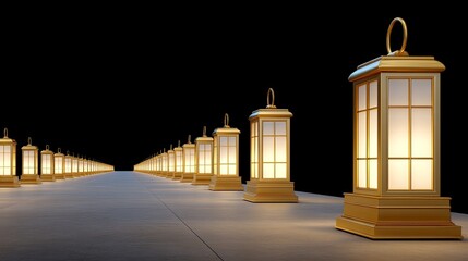 Obraz premium Golden Lanterns Illuminating a Dark Pathway at Night with Soft Glowing Light