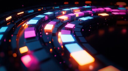 Curved rows of glowing colorful squares in vibrant neon pink, blue, and orange against a dark background creating a futuristic and dynamic abstract pattern