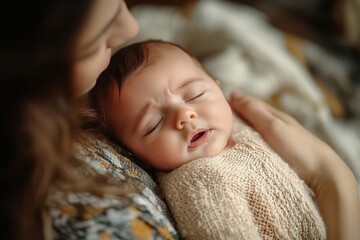 close-up of a person holding and gently cradling a newborn baby wrapped in a soft knitted blanket, radiating warmth and tenderness