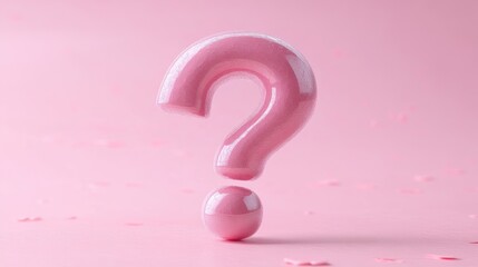 Glossy pink question mark standing upright on a smooth pink surface with heart-shaped confetti scattered around, evoking curiosity and playfulness