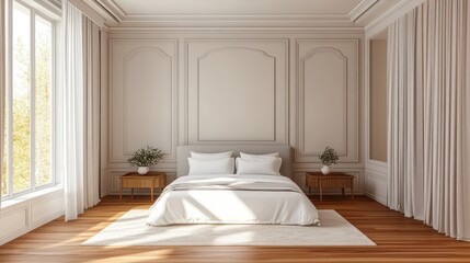Bright minimalist bedroom with large window, white bed, two wooden bedside tables with potted plants, soft neutral tones, and sunlight streaming in creating a calm atmosphere