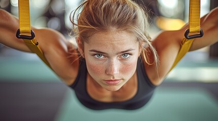 A determined young woman exercises in the gym using suspension straps