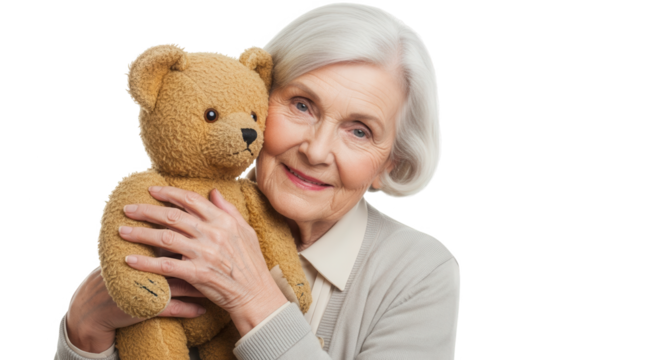 Elderly woman hugging a teddy bear, isolated on transparent background