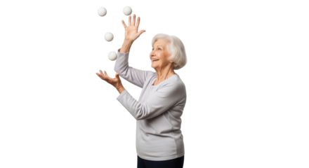 Elderly woman with white hair juggling white balls isolated on transparent background