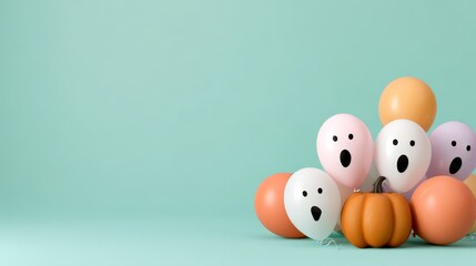 Pastel Spooky Aesthetic for Halloween Vibes, Colorful balloons shaped like ghosts with a pumpkin, set against a soft turquoise background.