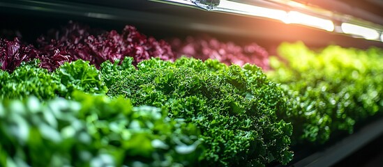 Various fresh leafy green vegetables displayed inside a refrigerated shelf