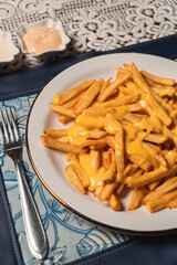 Close-up view of French fries with melted cheese on a plate.