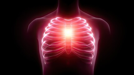 Naklejka premium Digital Representation of Human Rib Cage with Luminous Heart Center in a Dark Background