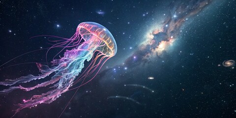 Holographic glowing jellyfish floating in cosmic deep space with neon tentacles shining under galaxy stars surreal fantasy underwater sky
