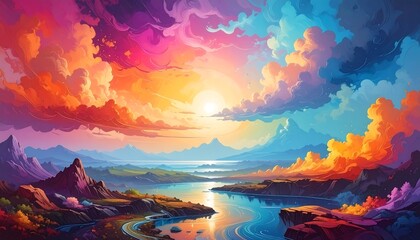 Colorful landscape with vibrant clouds and mountains