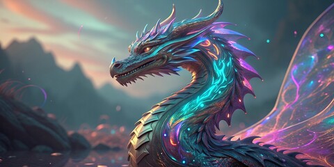 Surreal 3D metallic liquid dragon sculpture glowing with iridescent neon reflections fantasy creature futuristic surreal digital artwork
