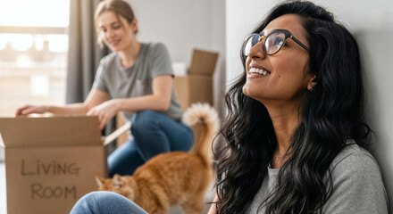 Young woman contemplating her new house and dreaming of the future while unpacking boxes with her partner during moving day