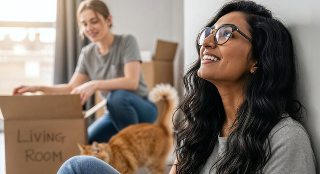 Young woman contemplating her new house and dreaming of the future while unpacking boxes with her partner during moving day