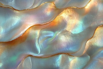 Close-up of iridescent, flowing natural shell surface with shimmering layers in soft blue, green, and gold hues creating a smooth, wavy texture