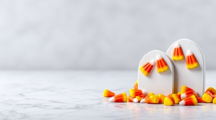 Obraz premium Pastel Spooky Aesthetic for Halloween Vibes, Candy corn scattered around tombstones, creating a festive Halloween atmosphere with a minimalist backdrop.