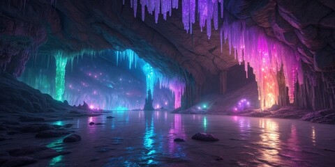 Fantasy glowing crystal cave filled with neon stalactites luminous reflections and shimmering liquid floor magical surreal underground scene
