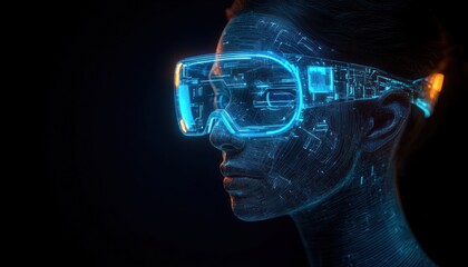 Profile of a human figure wearing glowing futuristic augmented reality glasses with digital circuits and data patterns overlay on the face and neck in a dark environment