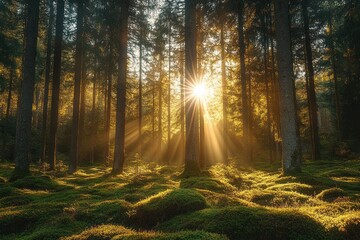 Fototapeta premium Golden sunlight streaming through tall pine trees in a dense forest illuminated moss-covered forest floor creating serene and peaceful atmosphere