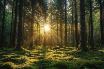 Obraz premium Sunlight streaming through tall trees in a dense forest illuminating moss-covered ground with warm golden rays
