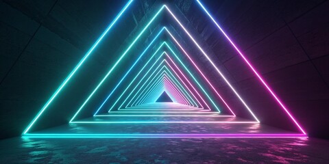 Abstract geometric tunnel made of holographic glowing triangles surreal neon perspective futuristic 3d digital design immersive background
