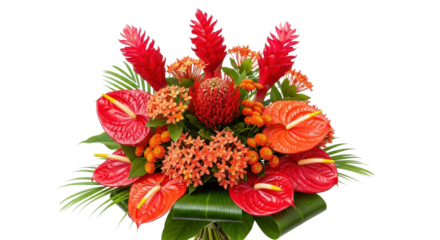 Tropical floral arrangement with anthurium, heliconia and ixora isolated PNG with Transparent Background