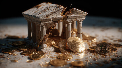Global finance collapse concept currency reset, broken bank building with gold coin dust falling, dramatic light and shadow mood