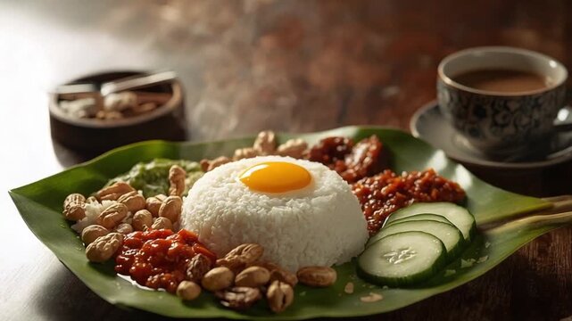 Traditional Indonesian Nasi Lemak with Egg and Peanuts