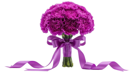Purple carnation flower bouquet with ribbon tied around stems isolated PNG with Transparent Background