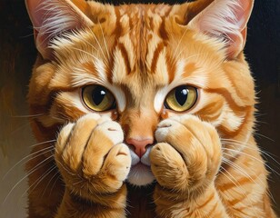 Playful ginger feline hiding its face with paw