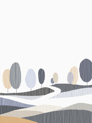 Minimalist abstract landscape featuring a serene scene of rolling hills with trees filled with lines of muted purple and grey tones