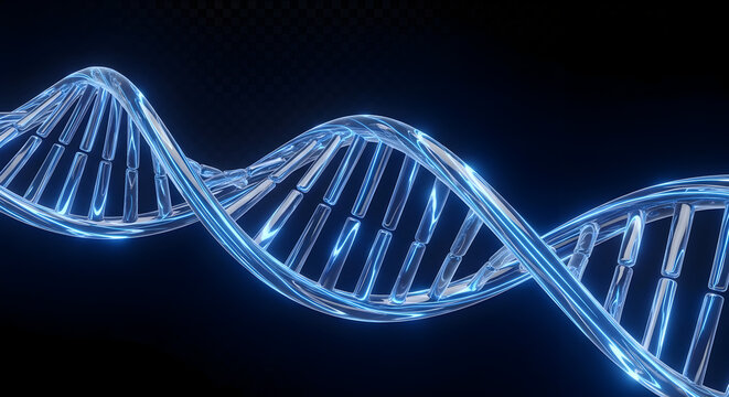 Luminous dna double helix structure against a dark background showcasing genetic research and biotechnology advancements with a modern aesthetic on transparent background